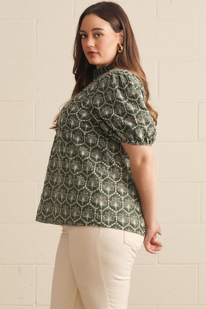 Entro Woven Top with Ruffle Neckline Detail - Army - S-2X