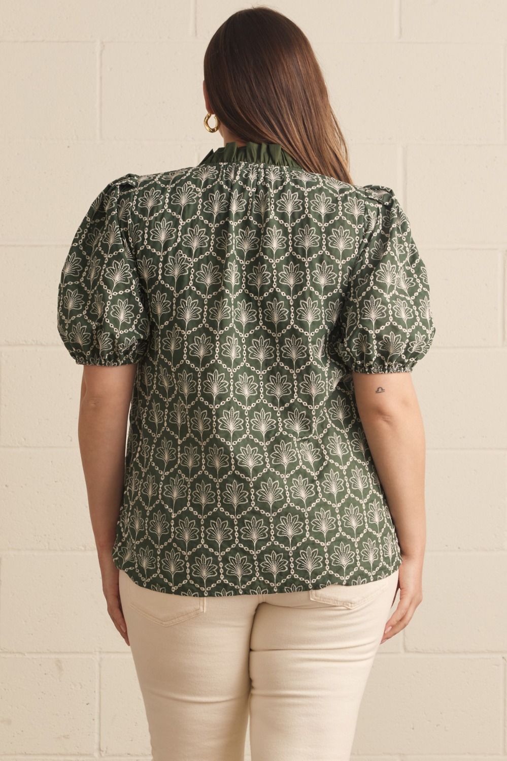 Entro Woven Top with Ruffle Neckline Detail - Army - S-2X