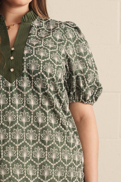 Entro Woven Top with Ruffle Neckline Detail - Army - S-2X