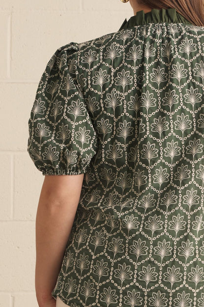 Entro Woven Top with Ruffle Neckline Detail - Army - S-2X