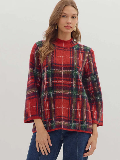 Entro Plaid Mock Neck Sweater (RED)