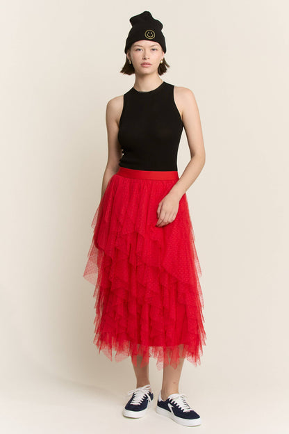 Red Layered Polka Dot Mesh Lined A-Line Midi Skirt