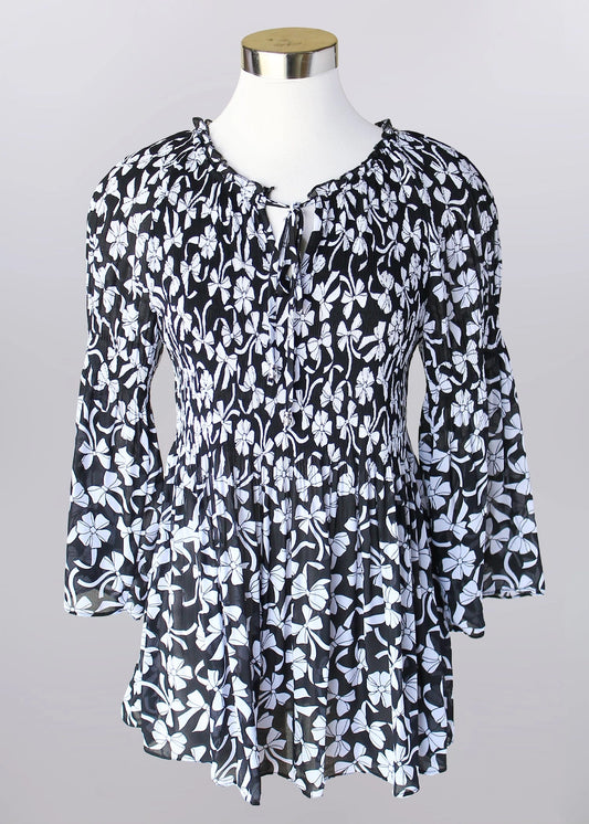 Keren Hart Black & White Bow Mini Pleat Blouse with Tie Detail