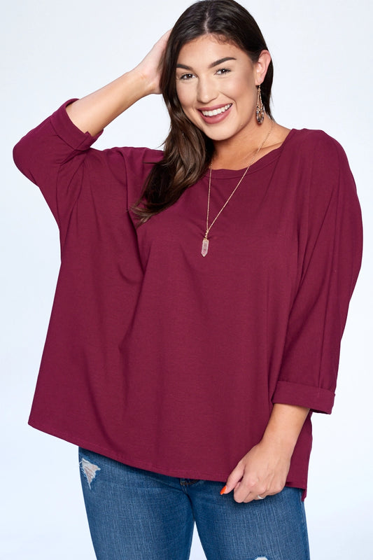 Burgundy Plus Size Solid Cotton Boxy Oversize Dolman Casual Top
