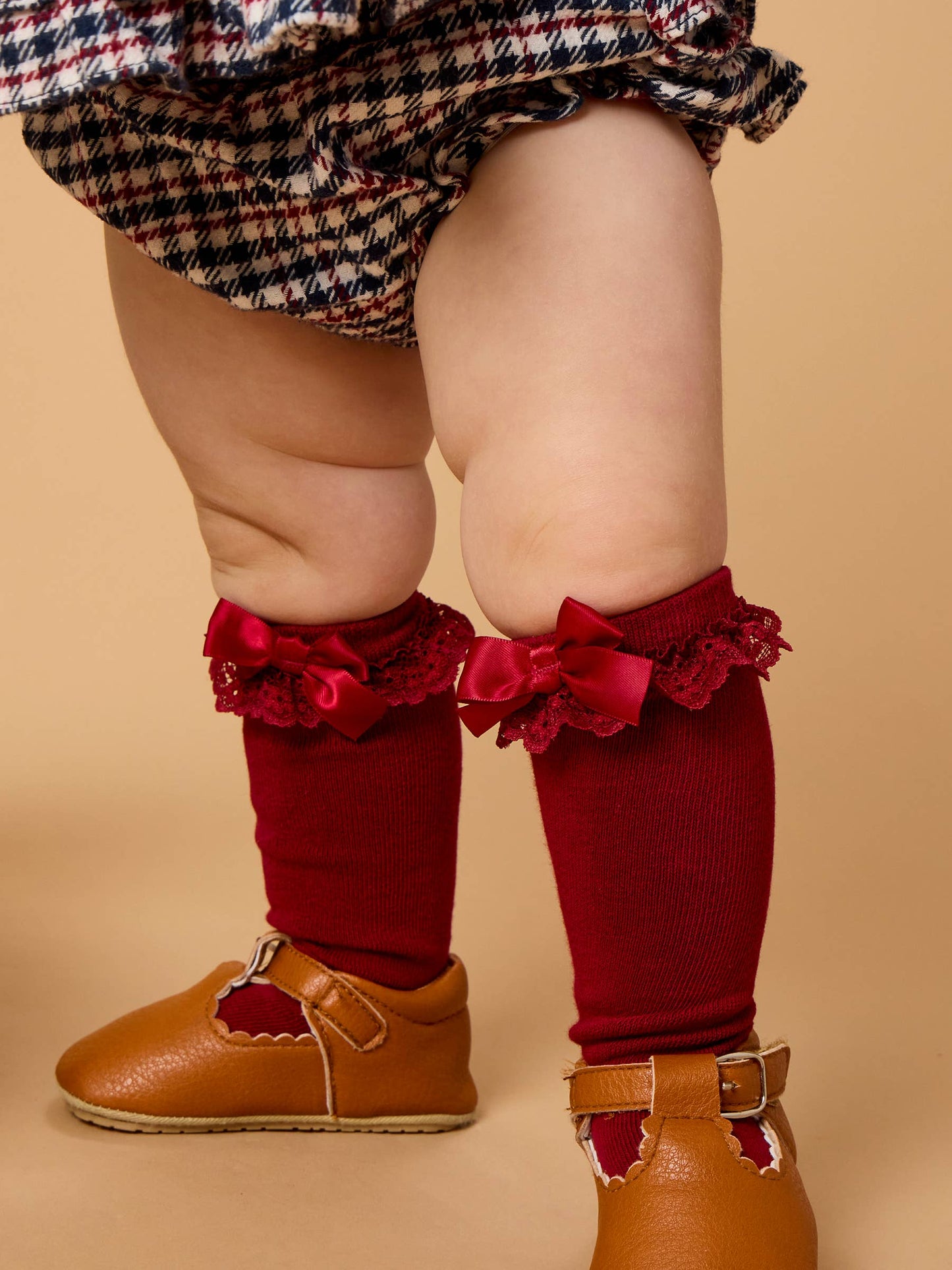 Girls Dark Navy, Ivory, & Dark Cherry 3-Pack Lace Ruffle Bow Knee High Socks