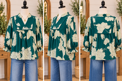 Umgee Floral Smocked Yoke Peasant Blouse - Olive or Teal