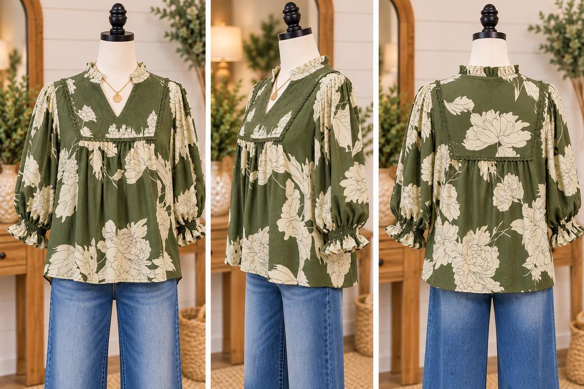 Umgee Floral Smocked Yoke Peasant Blouse - Olive or Teal