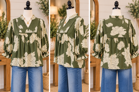 Umgee Floral Smocked Yoke Peasant Blouse - Olive or Teal