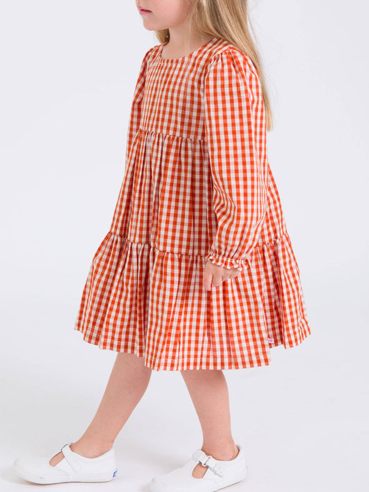Girls Classic Rust Gingham Woven Long Sleeve Tiered Twirl Dress