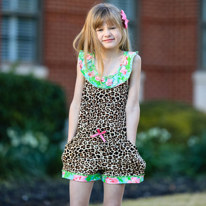 Girls Leopard Floral Cotton Spring Shorts Jumpsuit Romper