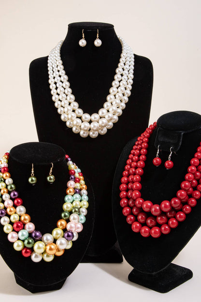 Multi-Strand Pearl Bead Necklace Earring Set