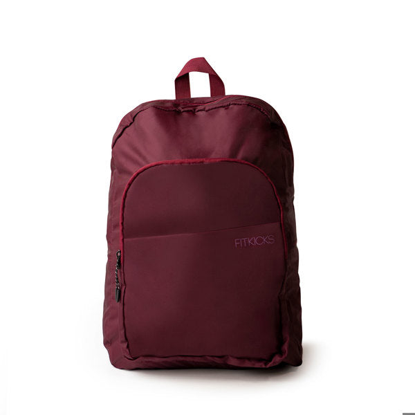 Burgundy FITKICKS Hideaway Packable Backpack with water-repellent fabric, adjustable shoulder straps, multiple storage pockets, and compact foldable design.