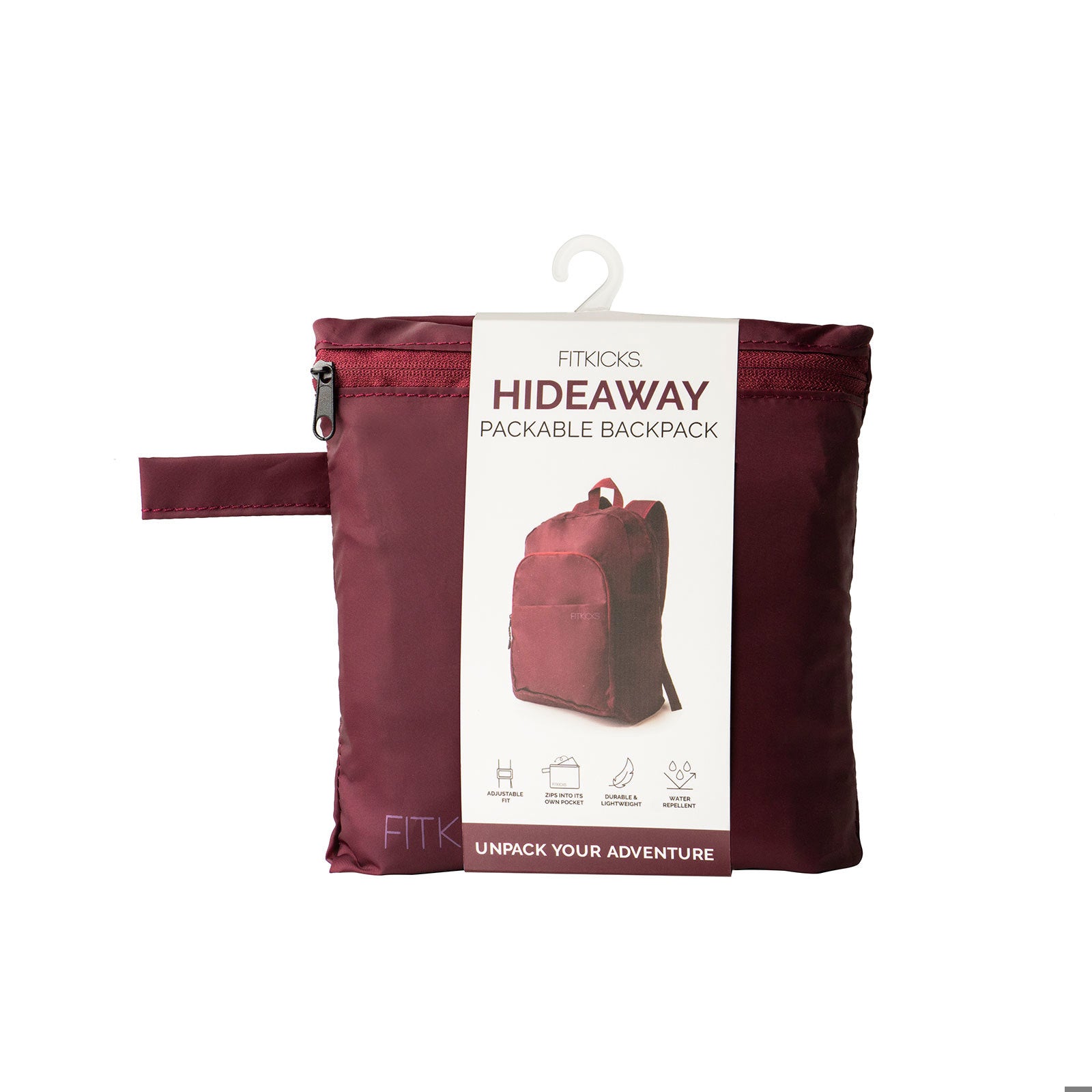FITKICKS Hideaway Packable Backpack with water-repellent fabric, adjustable shoulder straps, multiple storage pockets, and compact foldable design in burgundy.