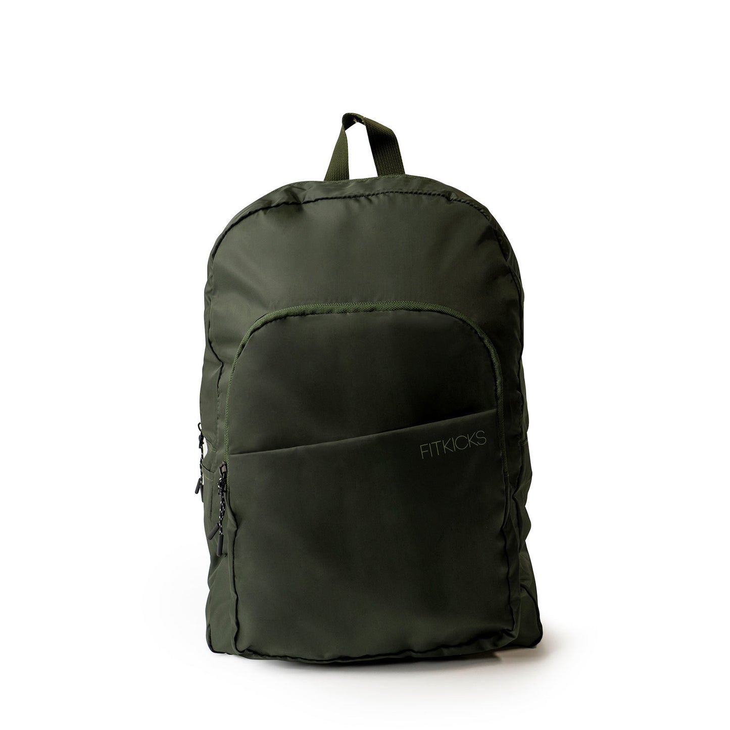 FITKICKS Hideaway Packable Backpack with water-repellent fabric, adjustable shoulder straps, multiple storage pockets, and compact foldable design in green.