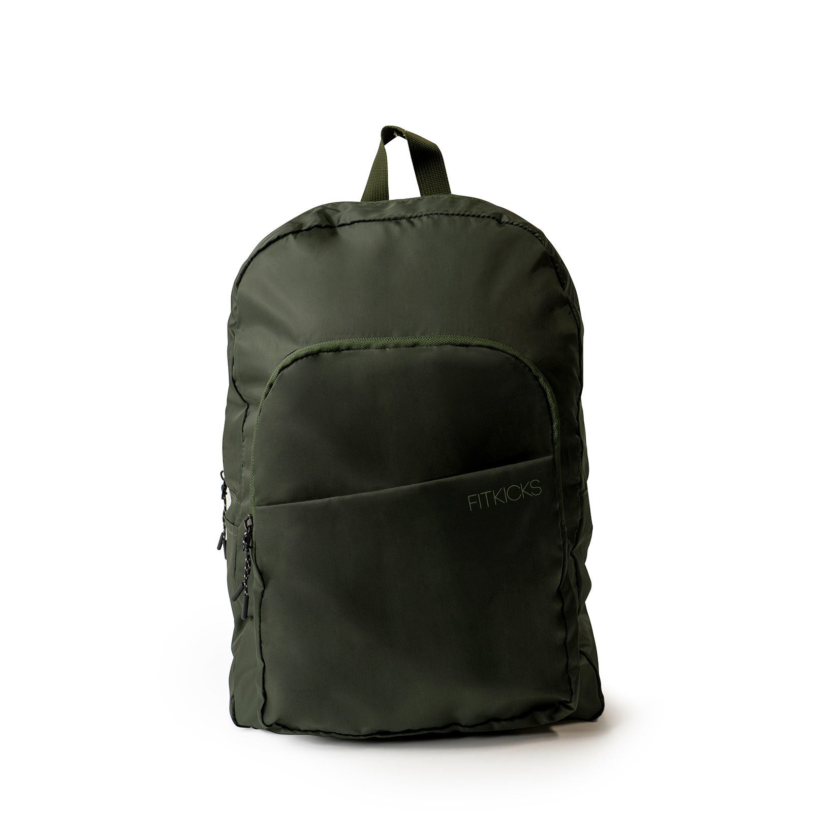 FITKICKS Hideaway Packable Backpack with water-repellent fabric, adjustable shoulder straps, multiple storage pockets, and compact foldable design in green.