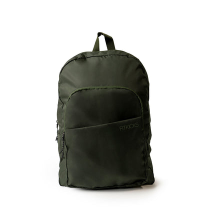 FITKICKS Hideaway Packable Backpack with water-repellent fabric, adjustable shoulder straps, multiple storage pockets, and compact foldable design in green.