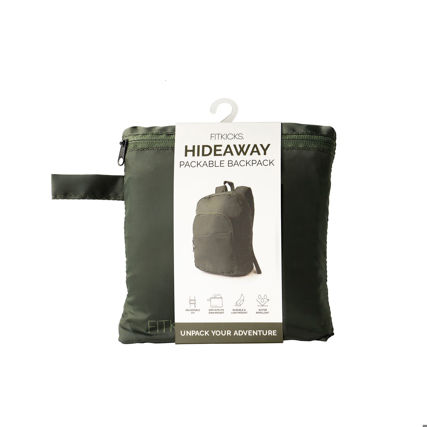 FITKICKS Hideaway Packable Backpack with water-repellent fabric, adjustable shoulder straps, multiple storage pockets, and compact foldable design in green and burgundy.