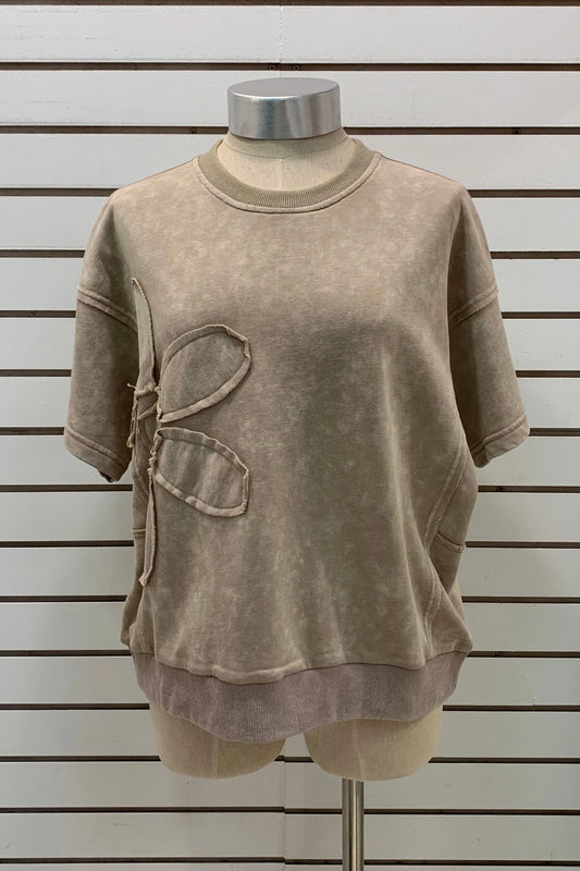 Pixi + Ivy Tan Stone Washed French Terry Top with Flower Detail