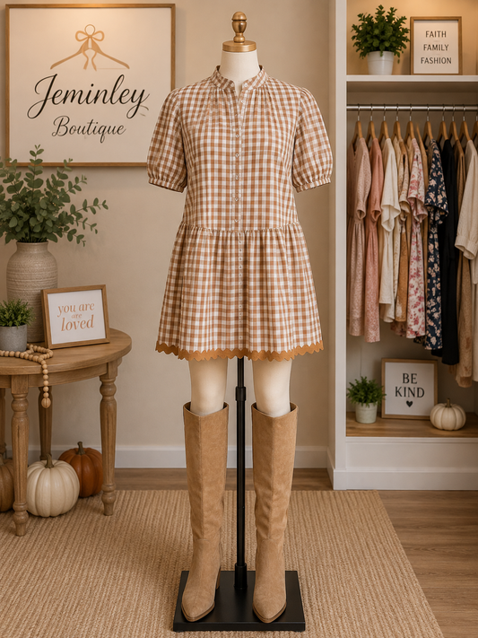 Taupe Gingham Button Front Ric Rac Trim Dress