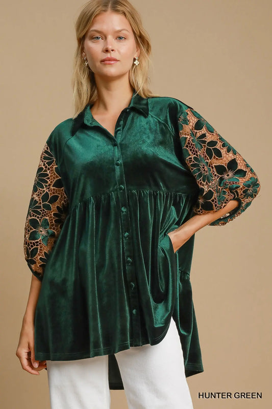 Umgee Velvet Tunic with Floral Lace Sleeves- Hunter Green