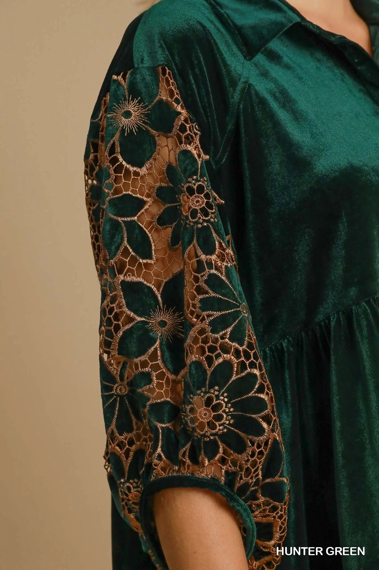 Umgee Velvet Tunic with Floral Lace Sleeves- Hunter Green