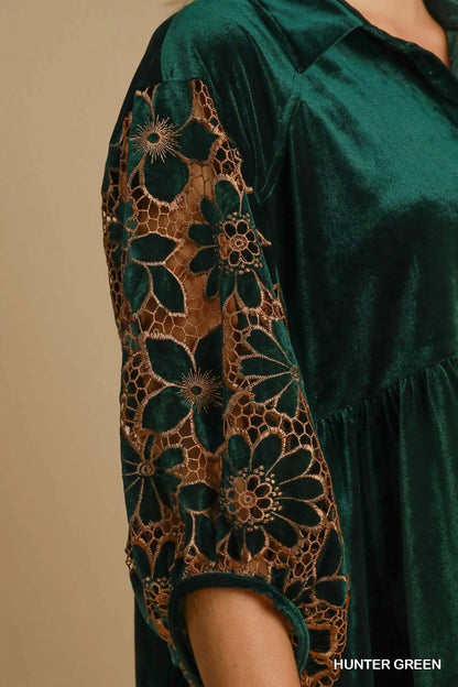 Umgee Velvet Tunic with Floral Lace Sleeves- Hunter Green