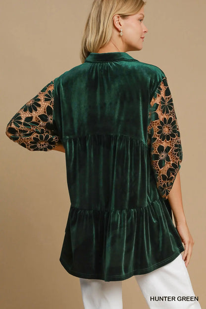 Umgee Velvet Tunic with Floral Lace Sleeves- Hunter Green