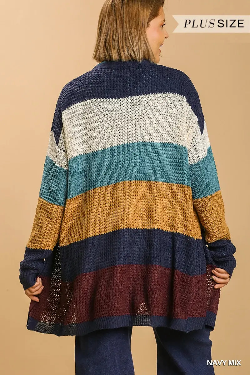 Umgee Plus Striped Long Sleeve Knit Sweater Cardigan - Navy Mix