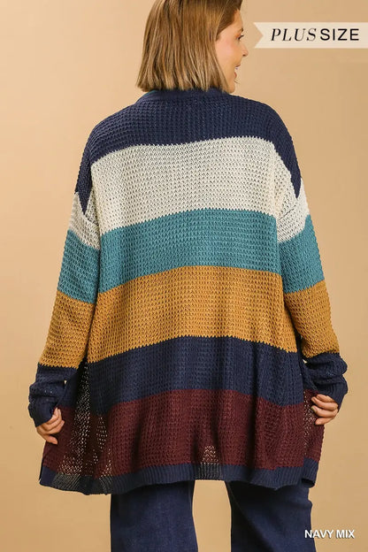 Umgee Plus Striped Long Sleeve Knit Sweater Cardigan - Navy Mix
