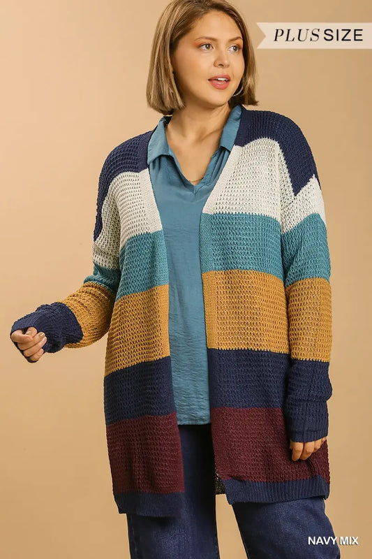 Umgee Plus Striped Long Sleeve Knit Sweater Cardigan - Navy Mix