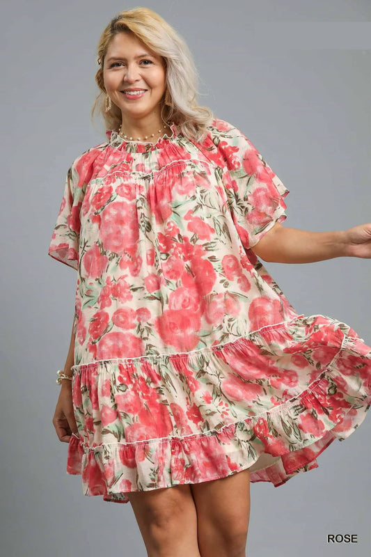 Umgee Sheer Rose Watercolor Floral Tiered Mini Dress