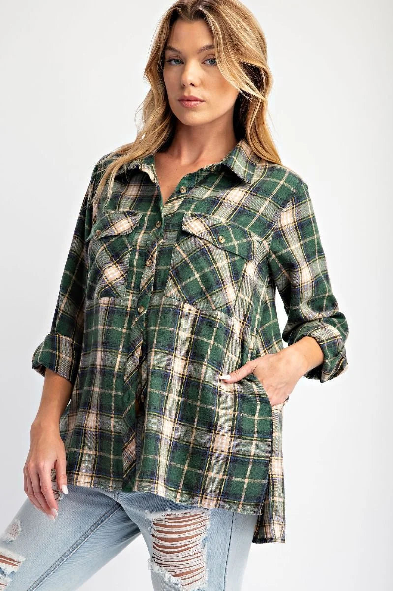 Easel Pine Green Plaid Acid Washing Button Flannel