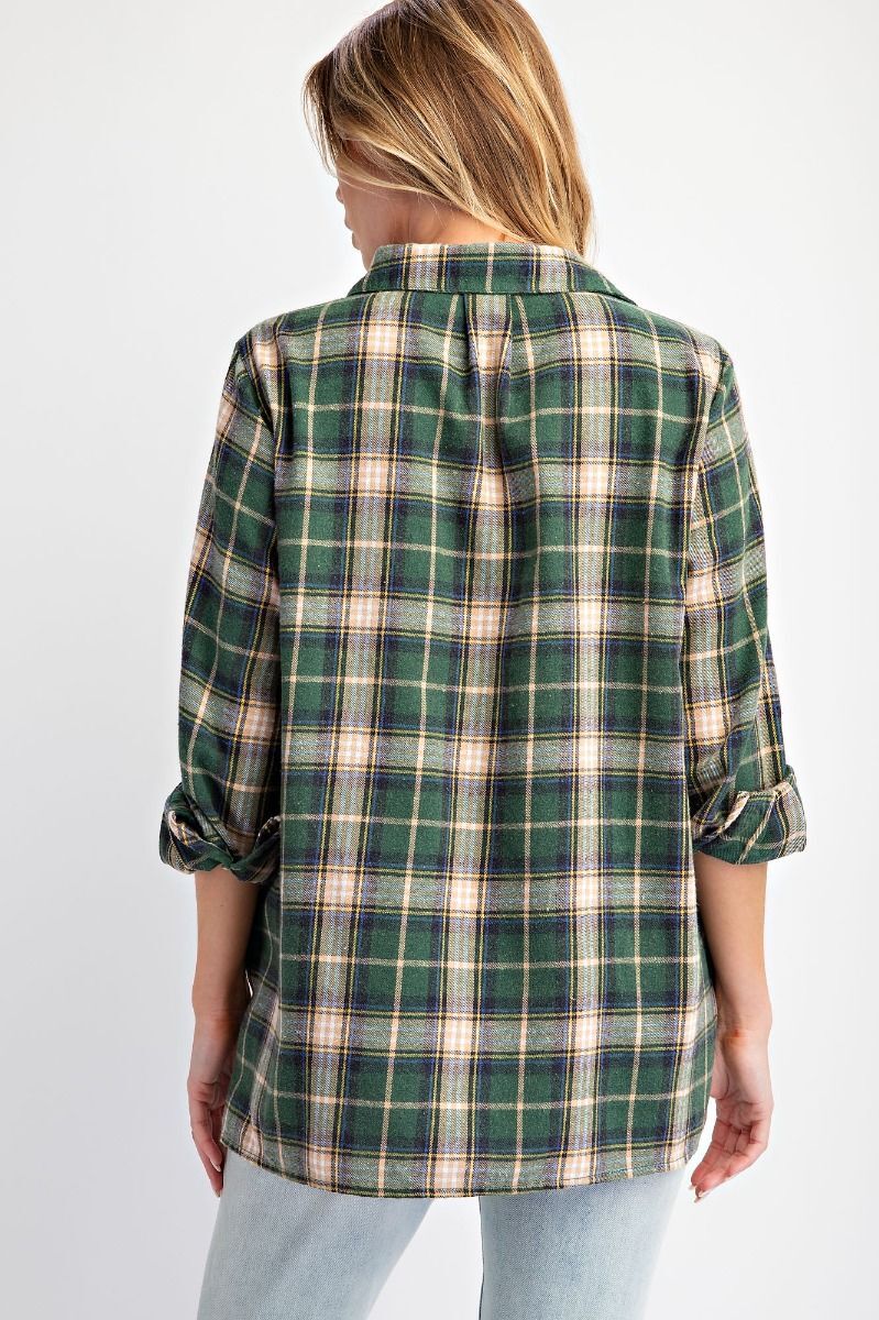 Easel Pine Green Plaid Acid Washing Button Flannel