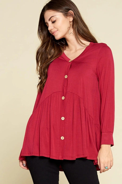 Faux Button Up  Casual Swing Tunic Top with Cuff Detail