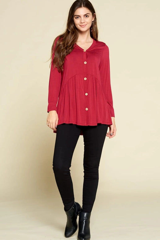 Faux Button Up  Casual Swing Tunic Top with Cuff Detail