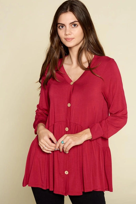 Faux Button Up  Casual Swing Tunic Top with Cuff Detail