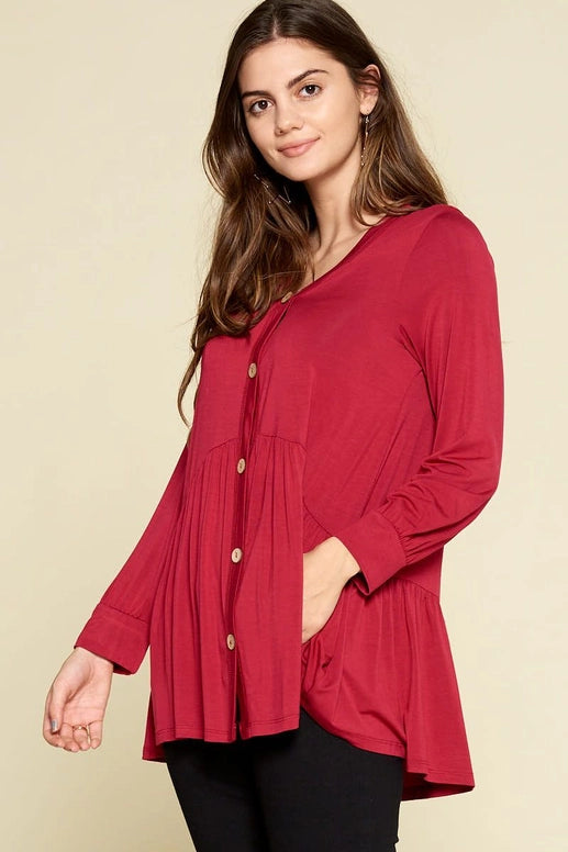 Faux Button Up  Casual Swing Tunic Top with Cuff Detail