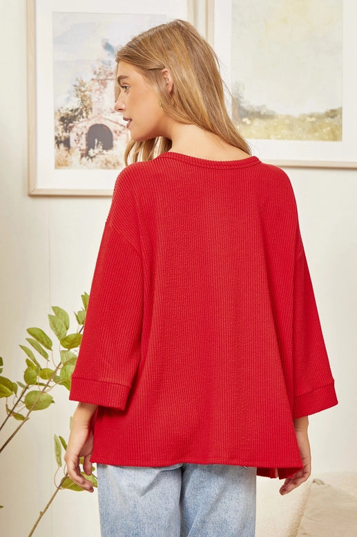 Red Ribbed 3/4 Sleeve Knit Top Small-3X