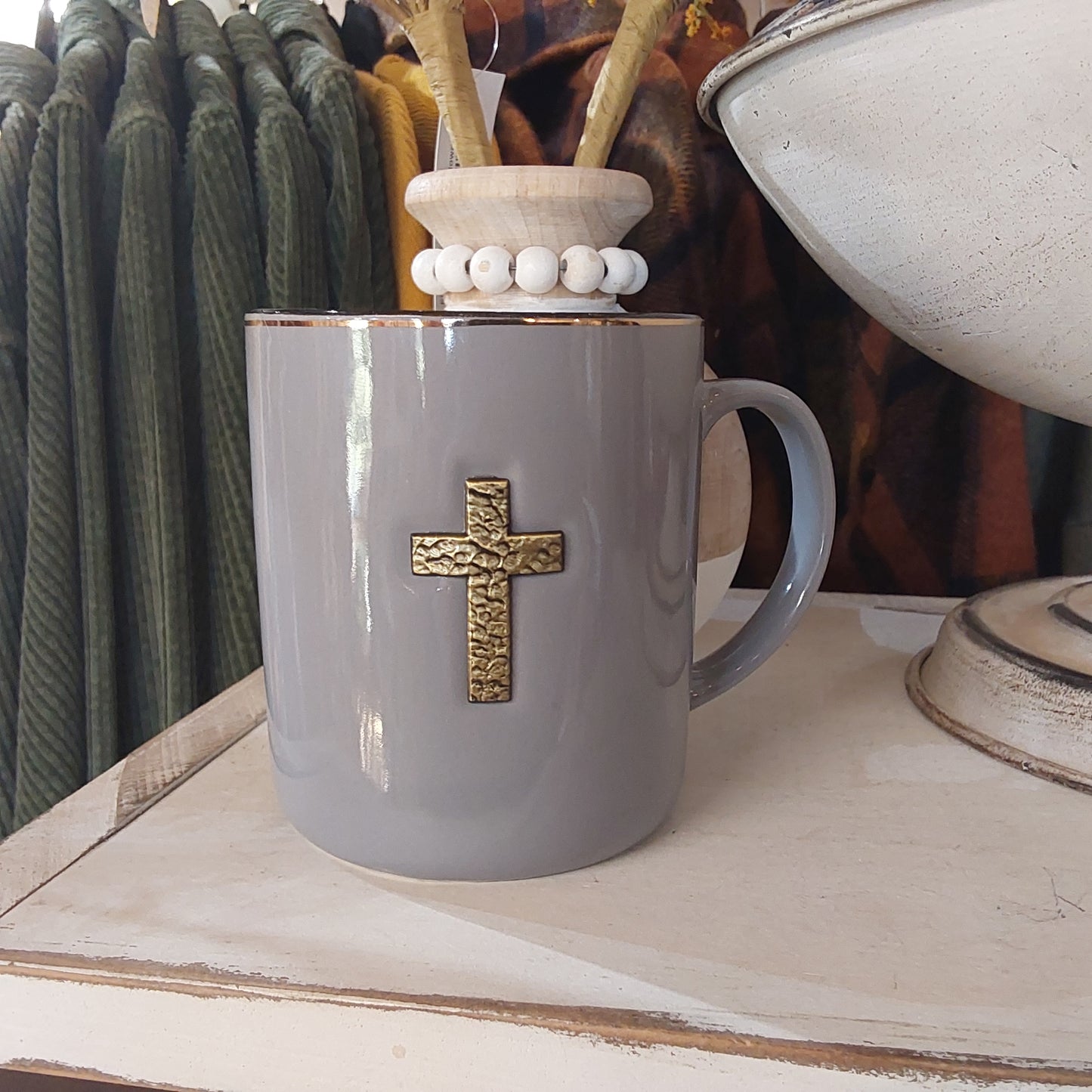 Gray Ceramic Coffee Mug with Metal Cross Inlay