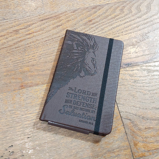 Strength and Defense Lion Walnut-Brown Faux Leather Hardcover Notebook with Elastic Band Closure - Exodus 15:2