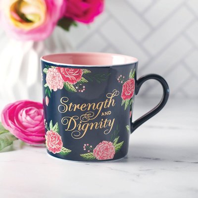 Strength & Dignity Mug, Pink & Navy Floral