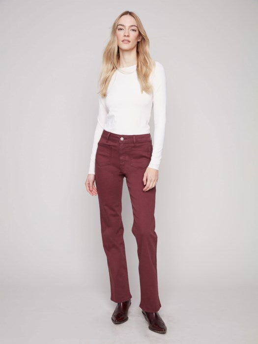 Charlie B Cabernet Patch Pocket Flare Twill Pants With Rivets