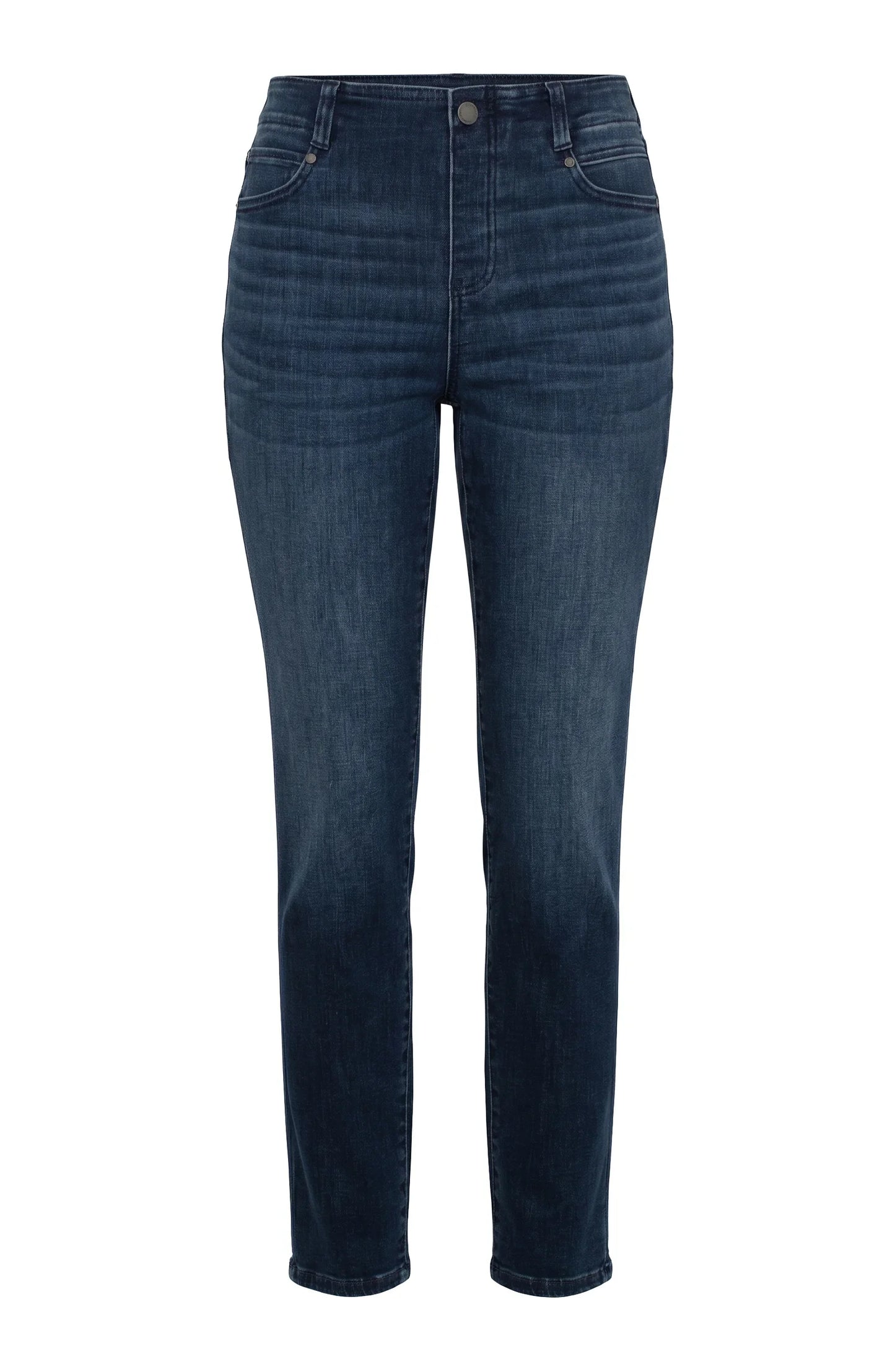 Liverpool Gia Glider straight-leg jeans with mid-rise fit, functioning pockets, 29-inch inseam, and sleek dark denim wash.