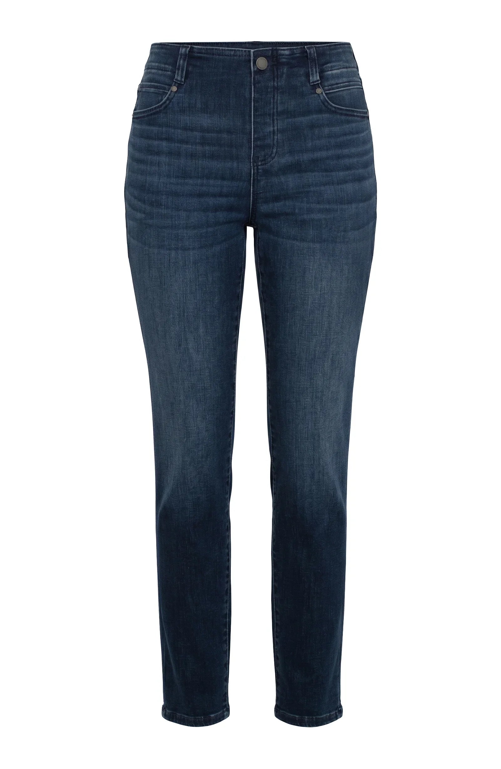 Liverpool Gia Glider straight-leg jeans with mid-rise fit, functioning pockets, 29-inch inseam, and sleek dark denim wash.