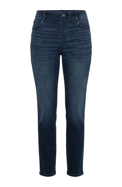 Liverpool Gia Glider straight-leg jeans with mid-rise fit, functioning pockets, 29-inch inseam, and sleek dark denim wash.