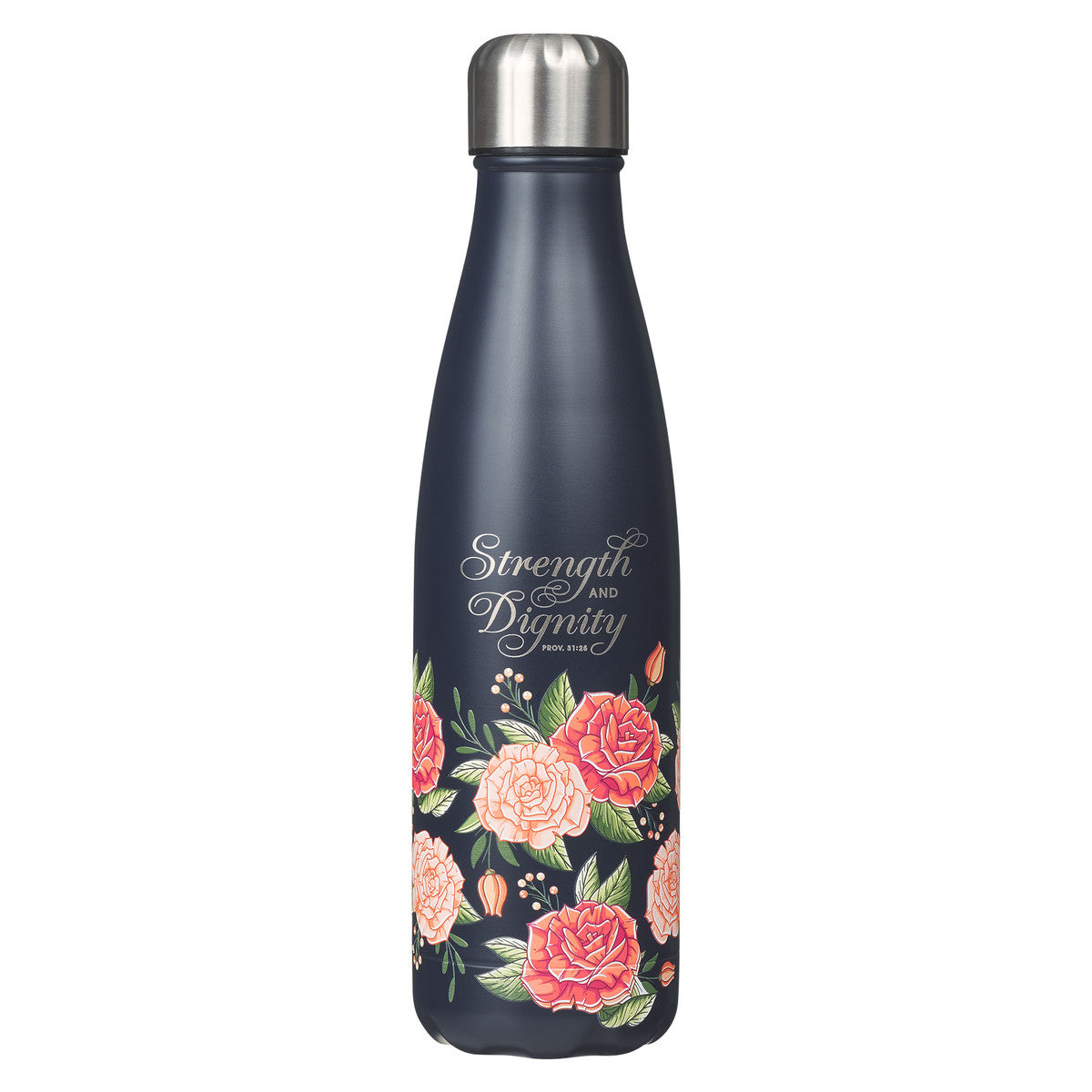 Strength and Dignity Pink Rose Stainless Steel Water Bottle - Proverbs 31:25