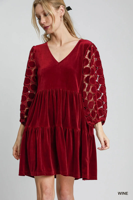 Umgee Tiered Velvet Mini Dress - Wine