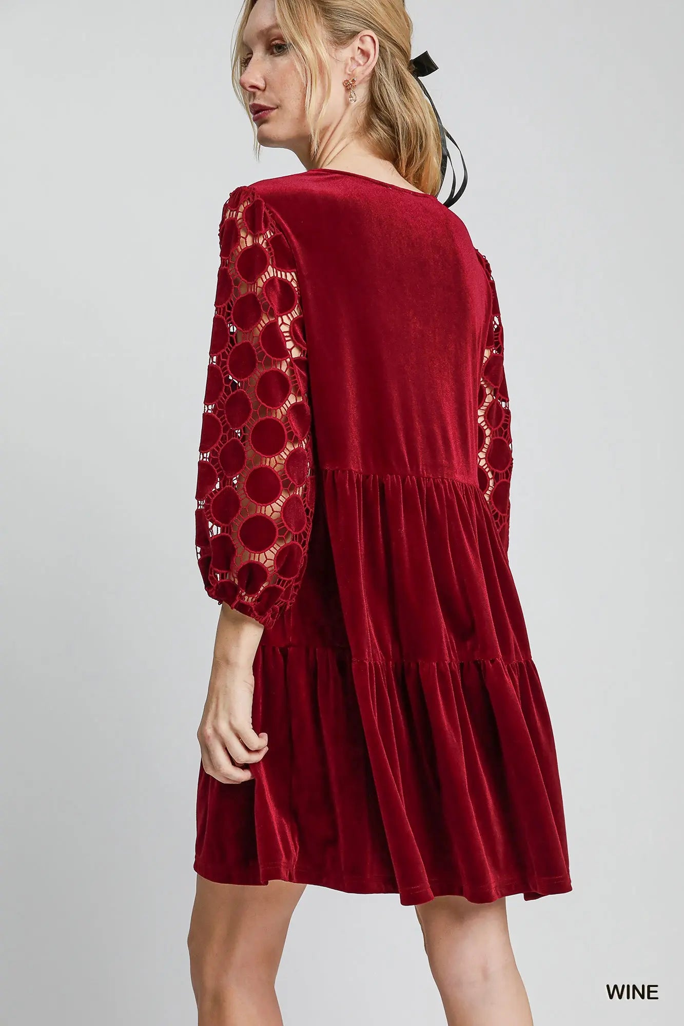Umgee Tiered Velvet Mini Dress - Wine