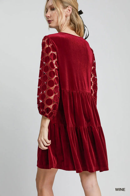 Umgee Tiered Velvet Mini Dress - Wine