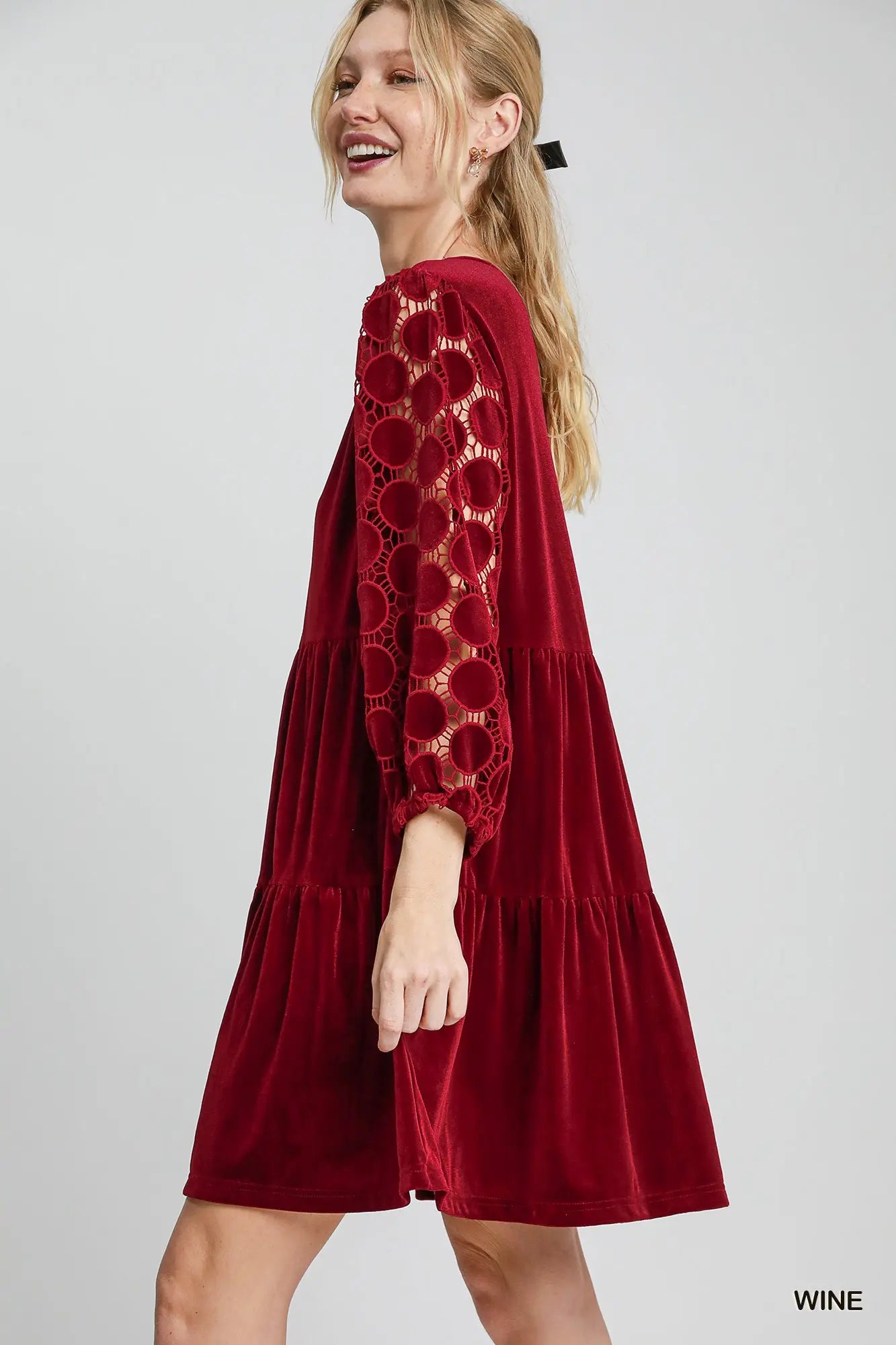 Umgee Tiered Velvet Mini Dress - Wine